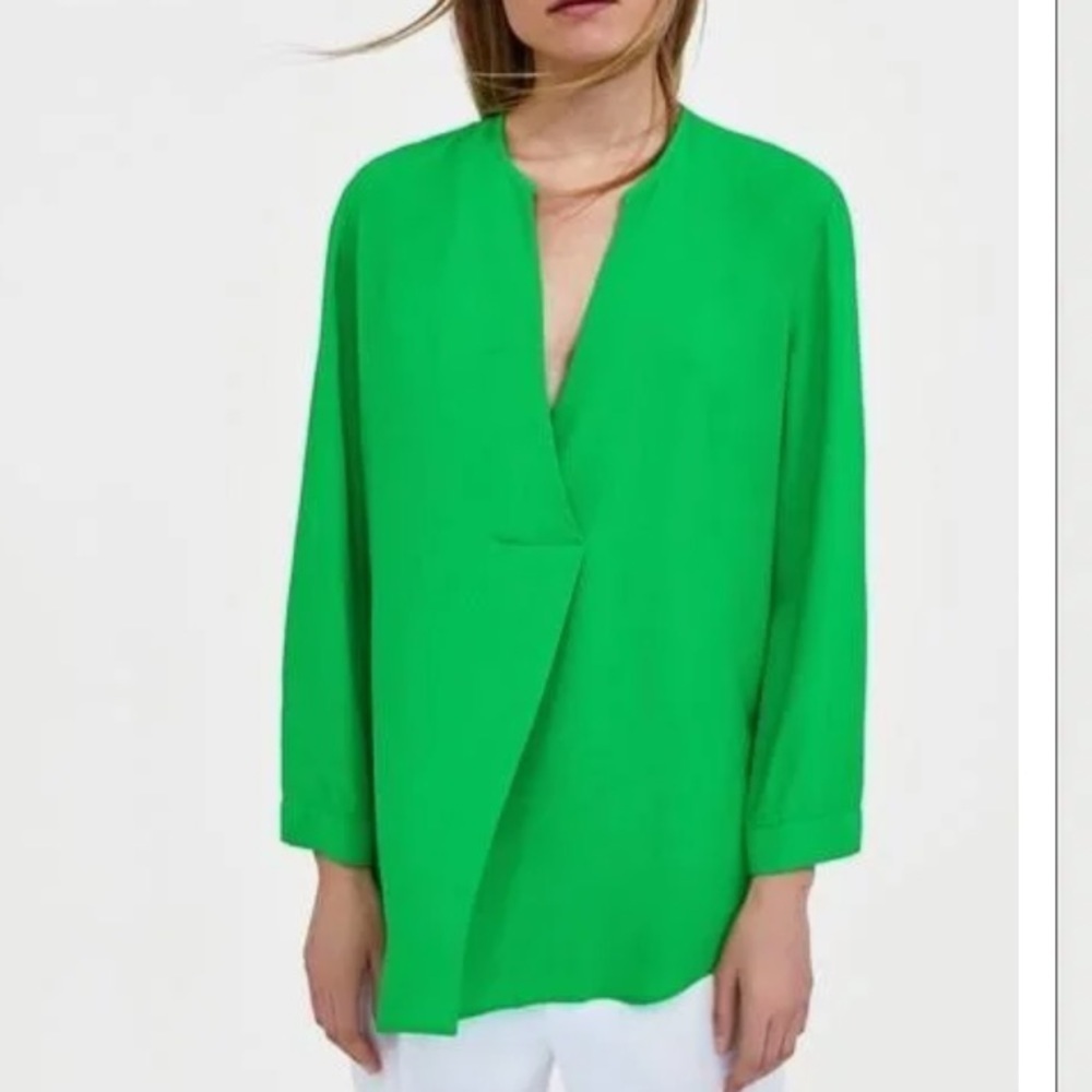 Zara Green collarless long sleeve blouse tunic
